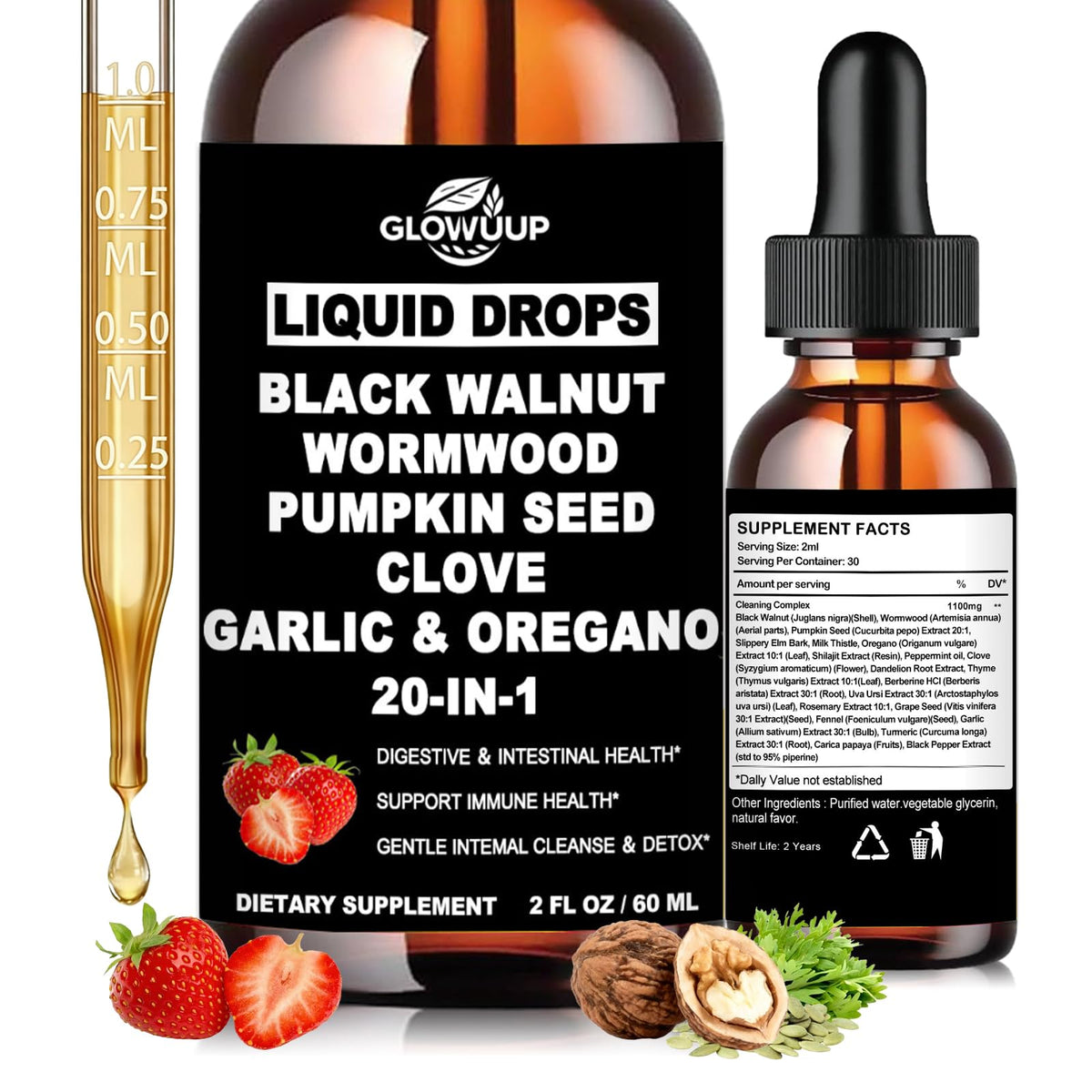 Wormwood Black Walnut Clove Cleanse for Humans Drops, Organic 20-in-1 Herbal Supplement w. Pumpkin Seeds Garlic Oregano Turmeric for Gut Cleanse & Digestive Detox, - FENGGESTORE20