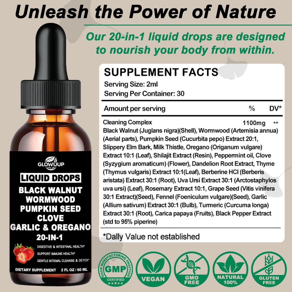 Wormwood Black Walnut Clove Cleanse for Humans Drops, Organic 20-in-1 Herbal Supplement w. Pumpkin Seeds Garlic Oregano Turmeric for Gut Cleanse & Digestive Detox, - FENGGESTORE20