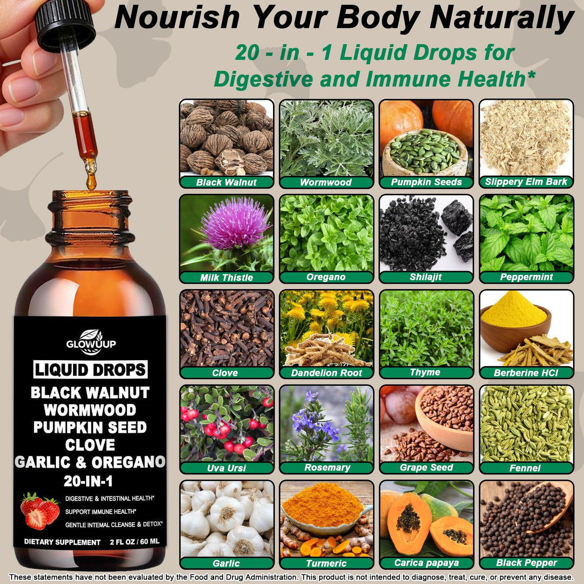 Wormwood Black Walnut Clove Cleanse for Humans Drops, Organic 20-in-1 Herbal Supplement w. Pumpkin Seeds Garlic Oregano Turmeric for Gut Cleanse & Digestive Detox, - FENGGESTORE20