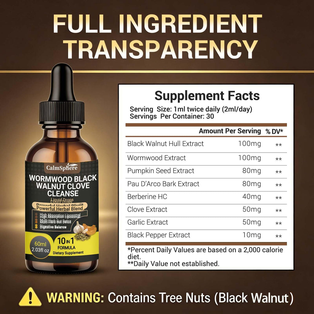 Wormwood Black Walnut Clove Garlic Liquid Drops, Liposomal Fast Absorption with Pumpkin Seed, Pau D'Arco, Berberine, Black Pepper, for Gut Digestive Health - FENGGESTORE20