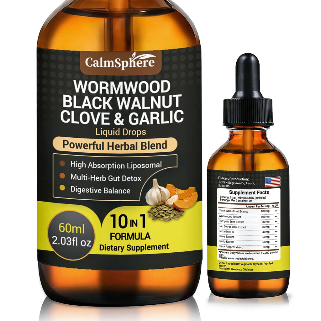 Wormwood Black Walnut Clove Garlic Liquid Drops, Liposomal Fast Absorption with Pumpkin Seed, Pau D'Arco, Berberine, Black Pepper, for Gut Digestive Health - FENGGESTORE20
