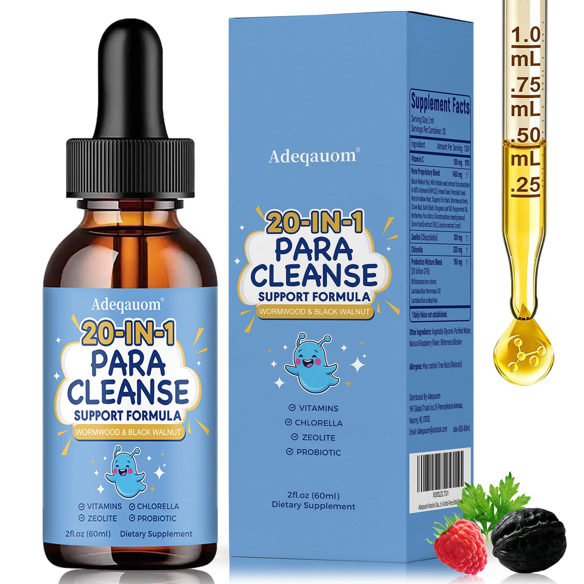 Wormwood Black Walnut Clove Parasite Cleanse for Humans & Kids, 20 in 1 Zeolite, Chlorella, 20 Billion Probiotics, Liquid Detox Support, Gut & Digestive - FENGGESTORE20