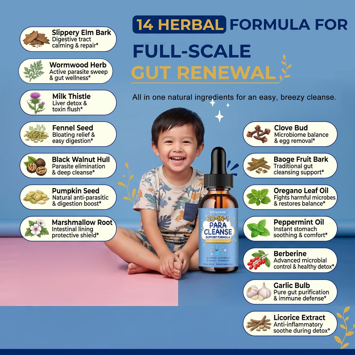 Wormwood Black Walnut Clove Parasite Cleanse for Humans & Kids, 20 in 1 Zeolite, Chlorella, 20 Billion Probiotics, Liquid Detox Support, Gut & Digestive - FENGGESTORE20