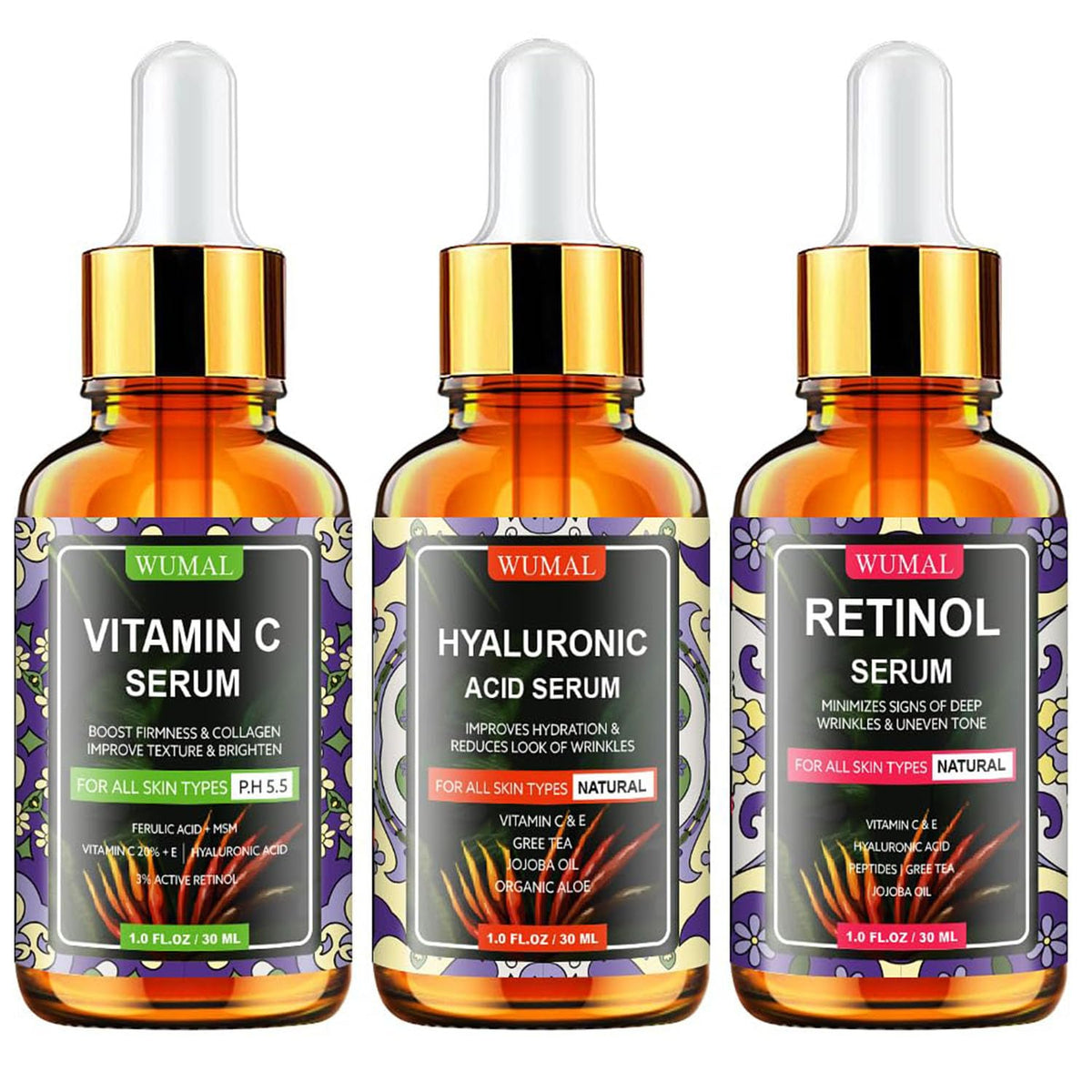 Wumal 3 Pack Face Serum Set - Includes Vitamin C, Retinol & Hyaluronic Acid - Firming, Brightening & Hydrating - FENGGESTORE20