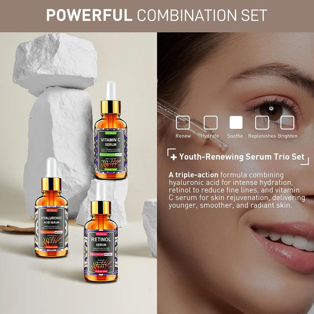 Wumal 3 Pack Face Serum Set - Includes Vitamin C, Retinol & Hyaluronic Acid - Firming, Brightening & Hydrating - FENGGESTORE20