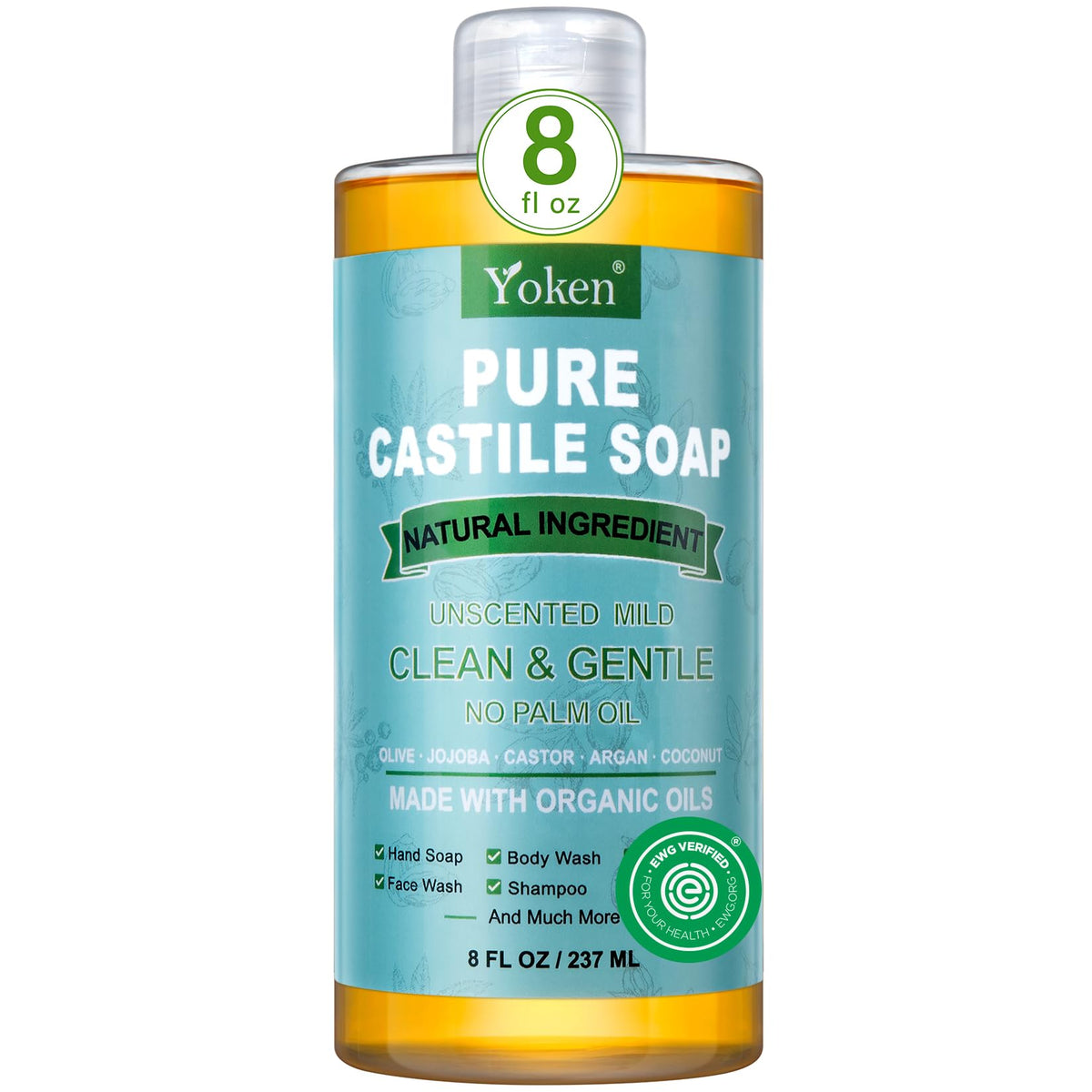 Yoken Pure Castile Liquid Soap Organic (EWG Verified, Unscented, 8 OZ), Made with Organic Oils, No Added Fragrance, Vegan, Castile Soap Liquid for Face - FENGGESTORE20
