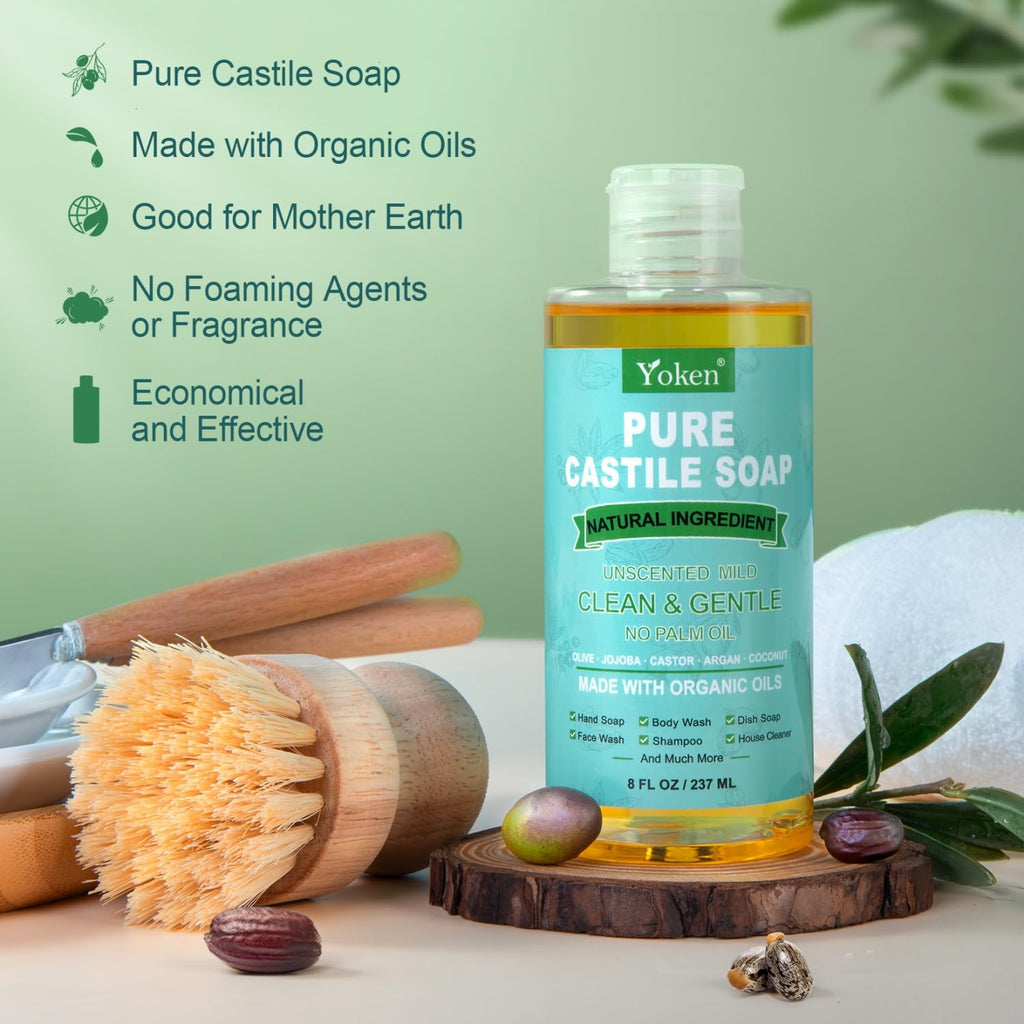 Yoken Pure Castile Liquid Soap Organic (EWG Verified, Unscented, 8 OZ), Made with Organic Oils, No Added Fragrance, Vegan, Castile Soap Liquid for Face - FENGGESTORE20