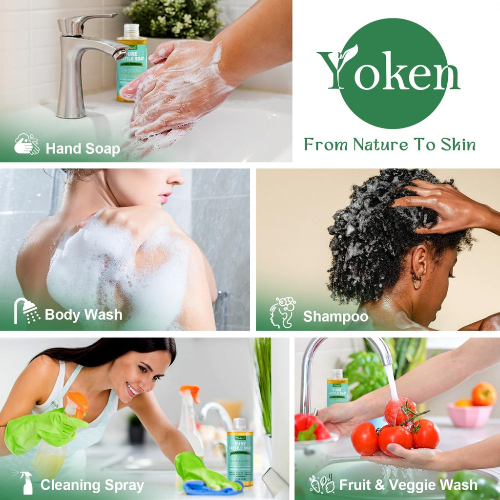 Yoken Pure Castile Liquid Soap Organic (EWG Verified, Unscented, 8 OZ), Made with Organic Oils, No Added Fragrance, Vegan, Castile Soap Liquid for Face - FENGGESTORE20