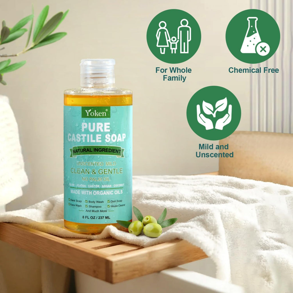 Yoken Pure Castile Liquid Soap Organic (EWG Verified, Unscented, 8 OZ), Made with Organic Oils, No Added Fragrance, Vegan, Castile Soap Liquid for Face - FENGGESTORE20
