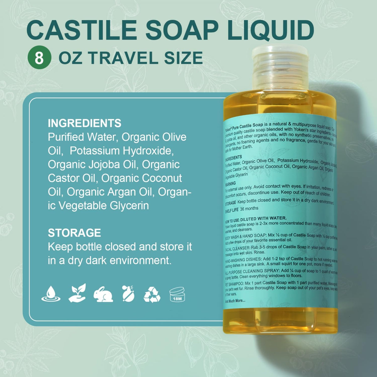 Yoken Pure Castile Liquid Soap Organic (EWG Verified, Unscented, 8 OZ), Made with Organic Oils, No Added Fragrance, Vegan, Castile Soap Liquid for Face - FENGGESTORE20