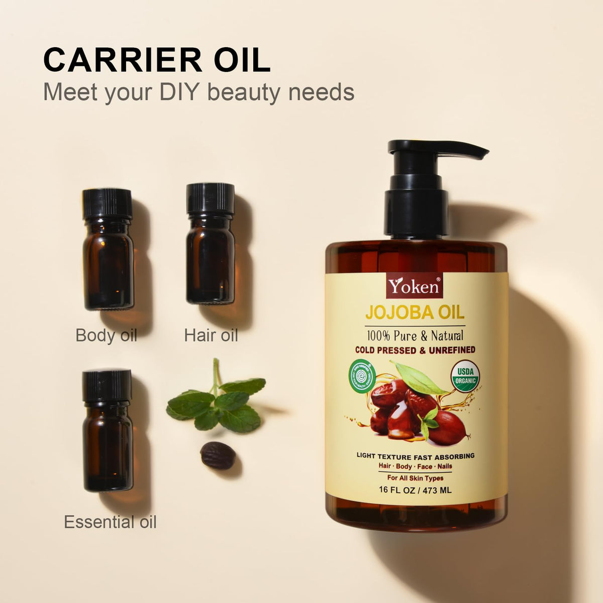 Yoken Pure Jojoba Oil Organic USDA Certified 16 fl oz, 100% Natural Jojoba Oil for Hair - FENGGESTORE20