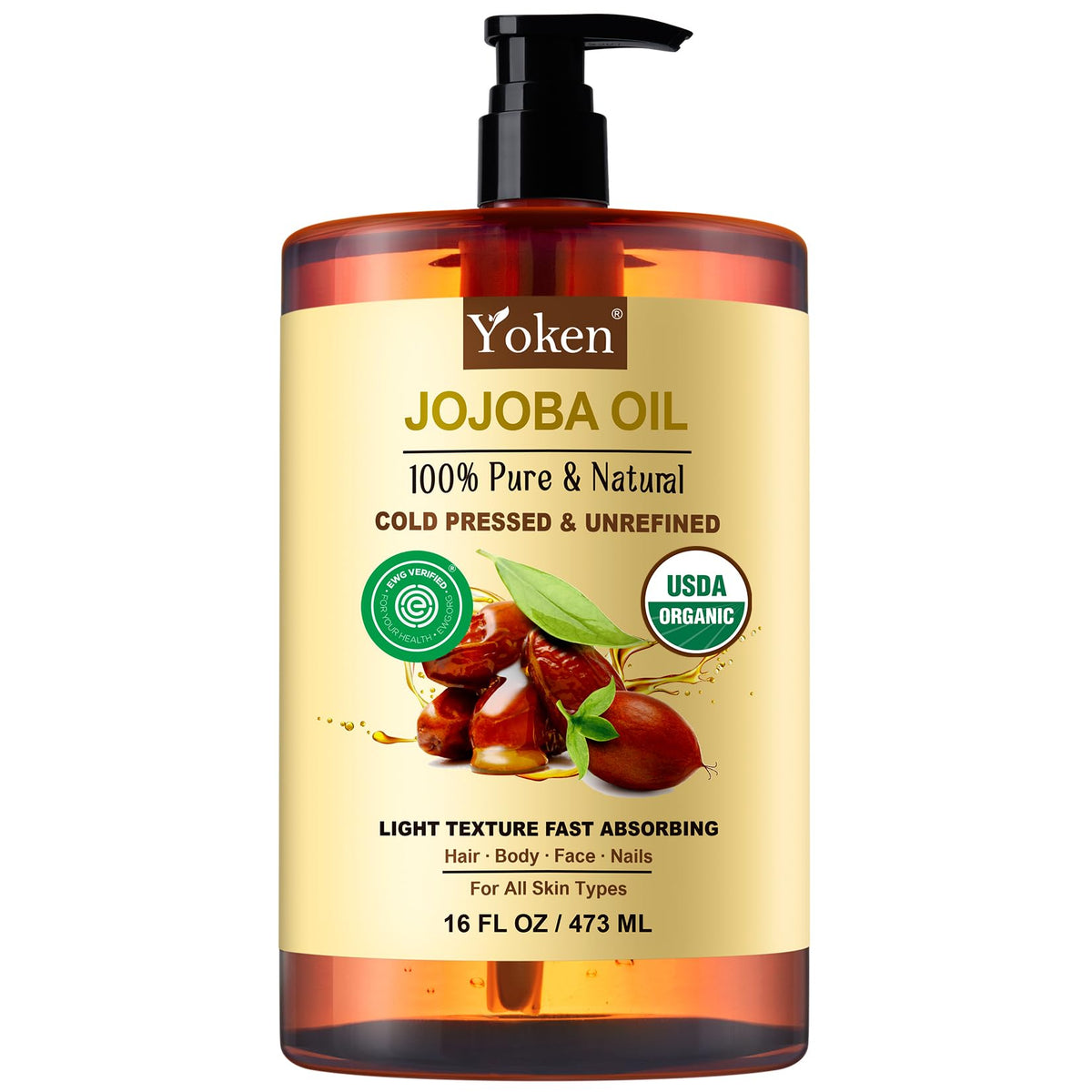 Yoken Pure Jojoba Oil Organic USDA Certified 16 fl oz, 100% Natural Jojoba Oil for Hair - FENGGESTORE20