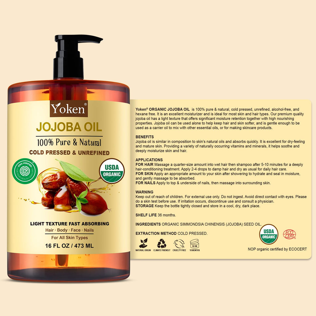 Yoken Pure Jojoba Oil Organic USDA Certified 16 fl oz, 100% Natural Jojoba Oil for Hair - FENGGESTORE20