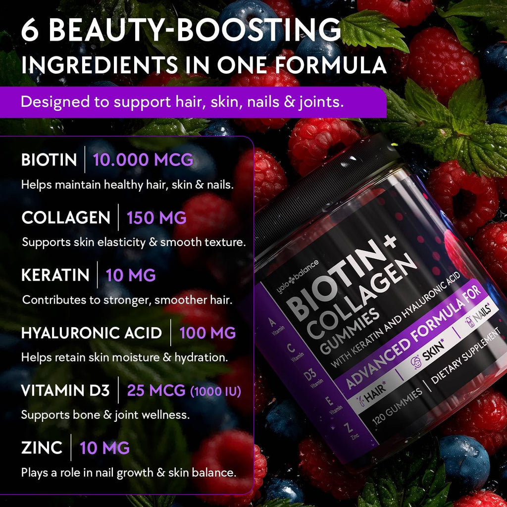 YOLOBALANCE Biotin Gummies 10000mcg for Hair Growth Support - Sugar Free Multi Collagen with Keratin, Silica & Hyaluronic Acid - Pectin Based, - FENGGESTORE20