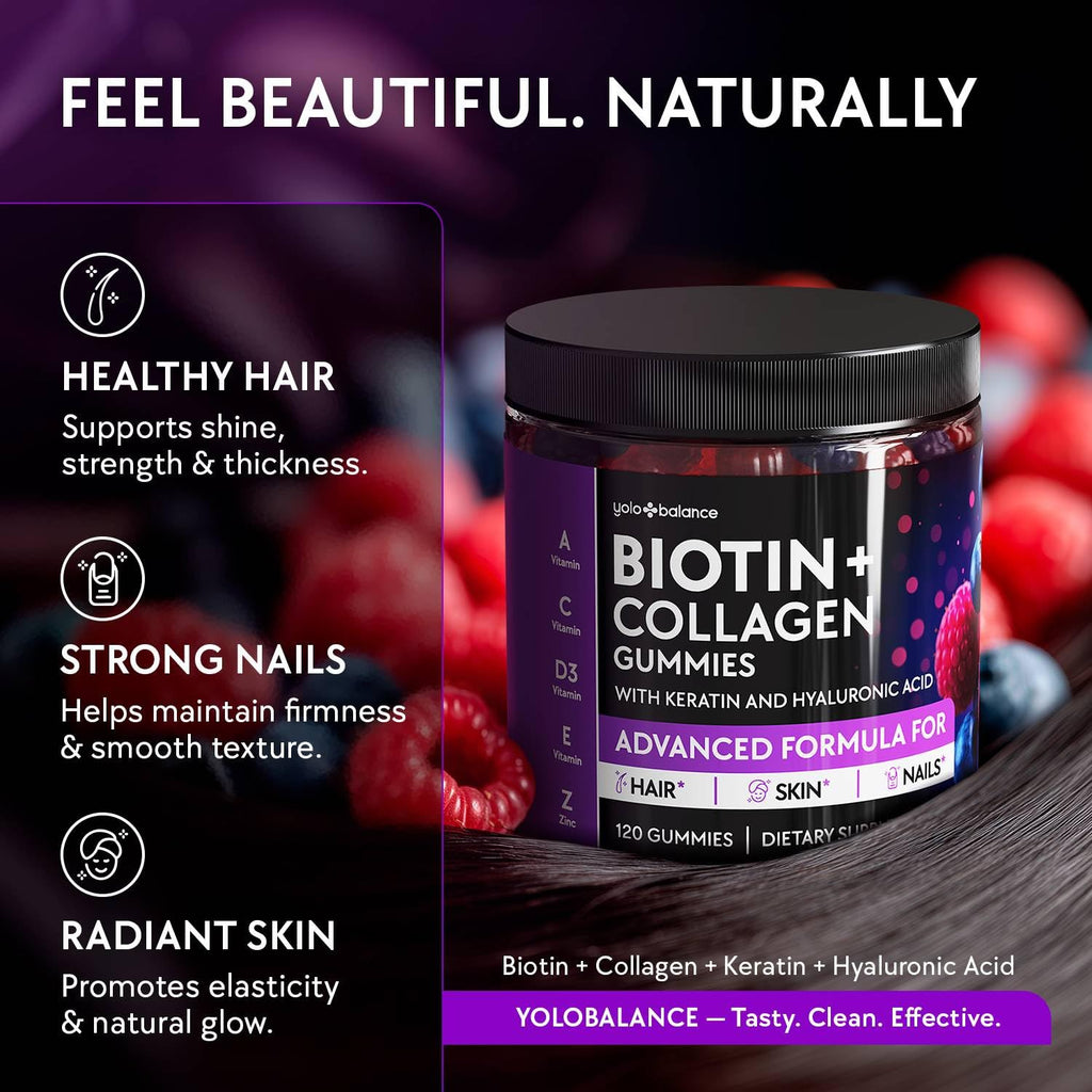 YOLOBALANCE Biotin Gummies 10000mcg for Hair Growth Support - Sugar Free Multi Collagen with Keratin, Silica & Hyaluronic Acid - Pectin Based, - FENGGESTORE20