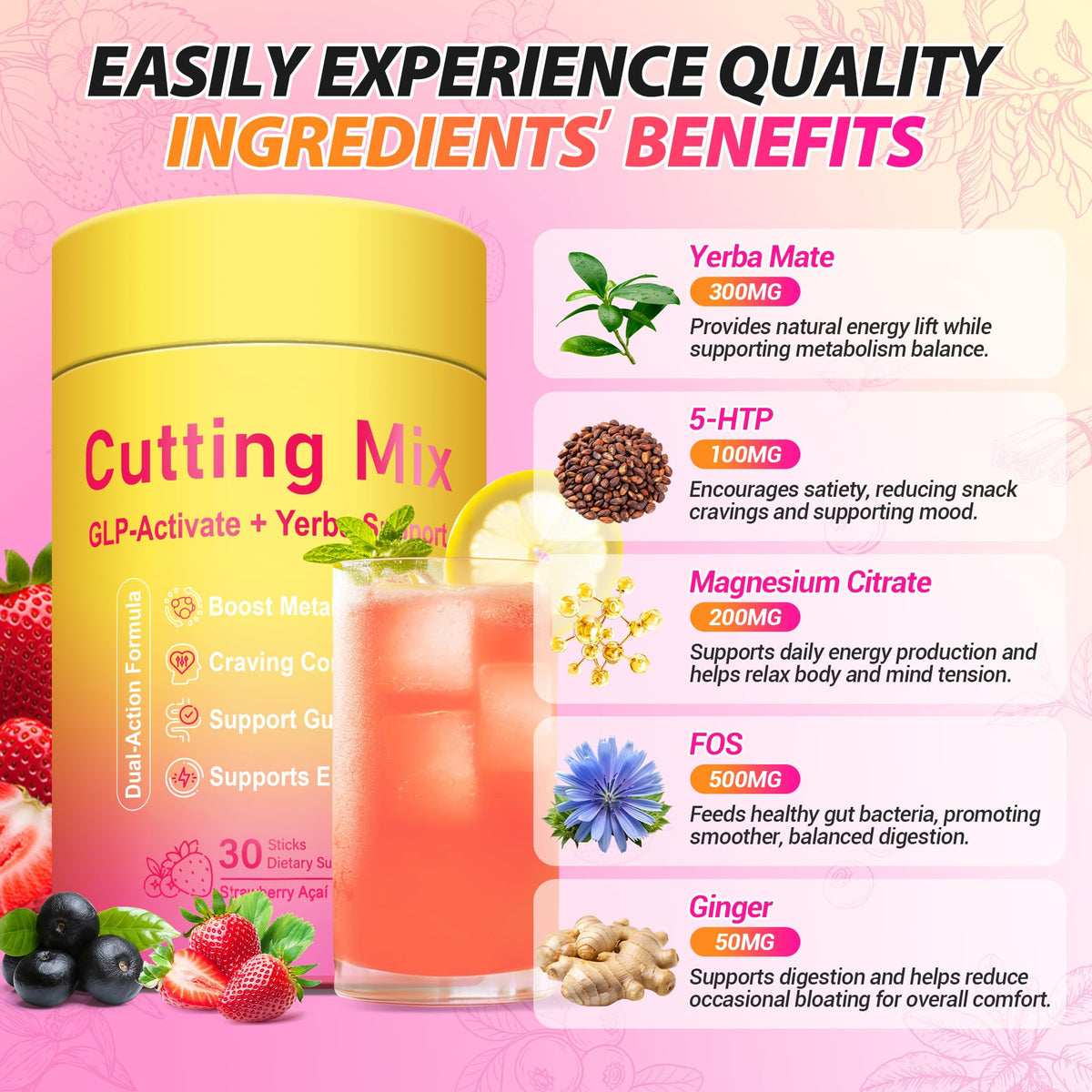 Yooloks Cutting Drink Mix – 5-HTP, Yerba Mate & Magnesium, FOS | Supports Satiety Signaling, Energy & Gut Health - FENGGESTORE20