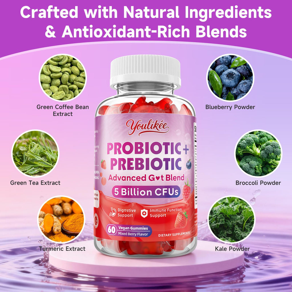 Youlikee 2 Pack Prebiotic + Probiotic Gummies for Women and Men, Probiotic Gummies Supports Gut Health, 5 Billion CFUs with Fibers, - FENGGESTORE20