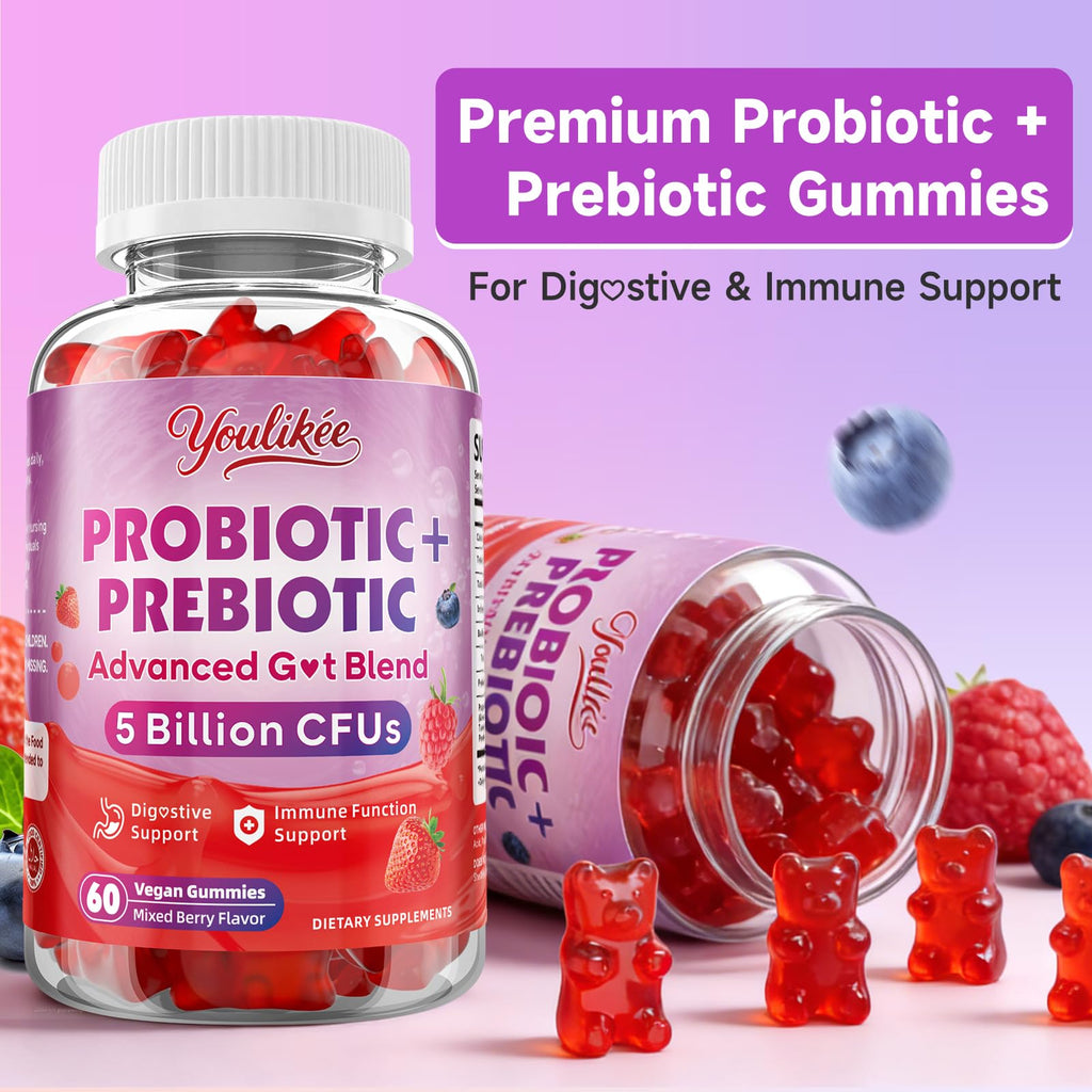 Youlikee 2 Pack Prebiotic + Probiotic Gummies for Women and Men, Probiotic Gummies Supports Gut Health, 5 Billion CFUs with Fibers, - FENGGESTORE20