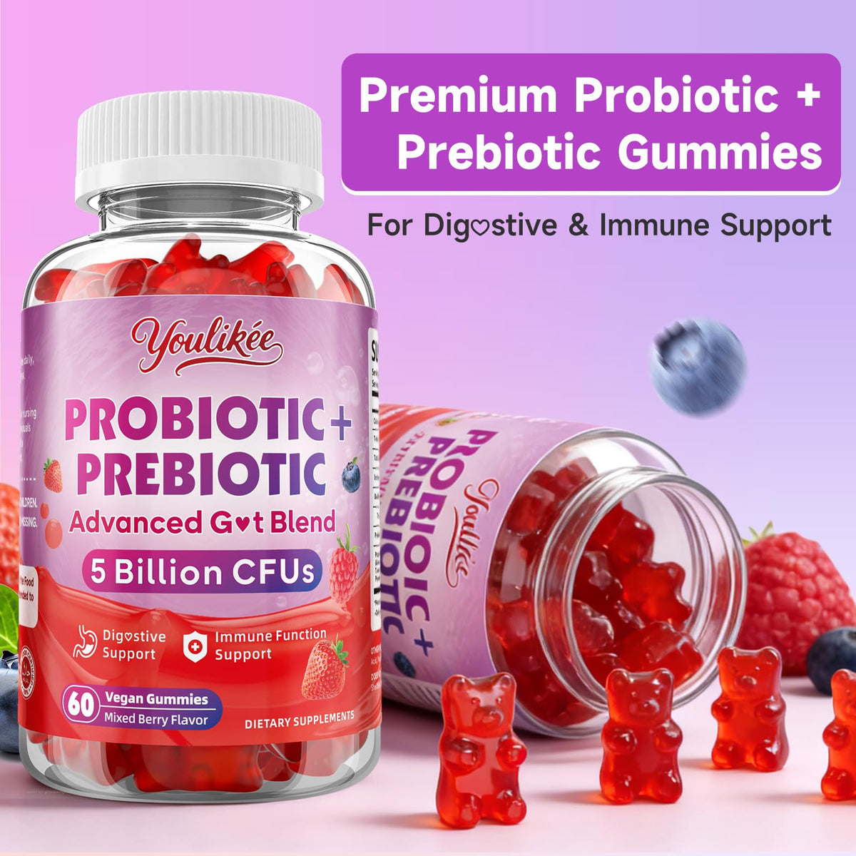 Youlikee 2 Pack Prebiotic + Probiotic Gummies for Women and Men, Probiotic Gummies Supports Gut Health, 5 Billion CFUs with Fibers, - FENGGESTORE20