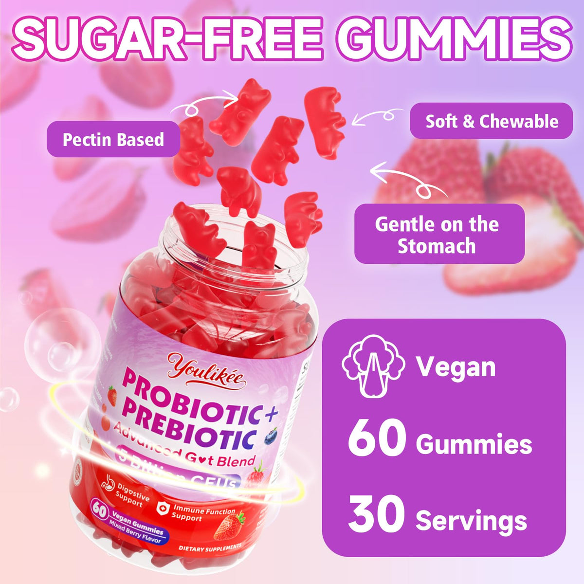 Youlikee 2 Pack Prebiotic + Probiotic Gummies for Women and Men, Probiotic Gummies Supports Gut Health, 5 Billion CFUs with Fibers, - FENGGESTORE20