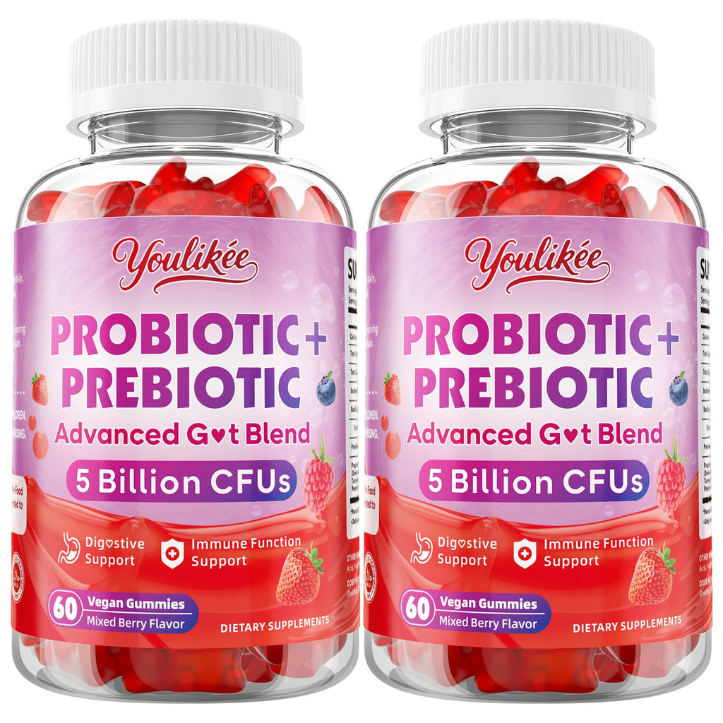 Youlikee 2 Pack Prebiotic + Probiotic Gummies for Women and Men, Probiotic Gummies Supports Gut Health, 5 Billion CFUs with Fibers, - FENGGESTORE20