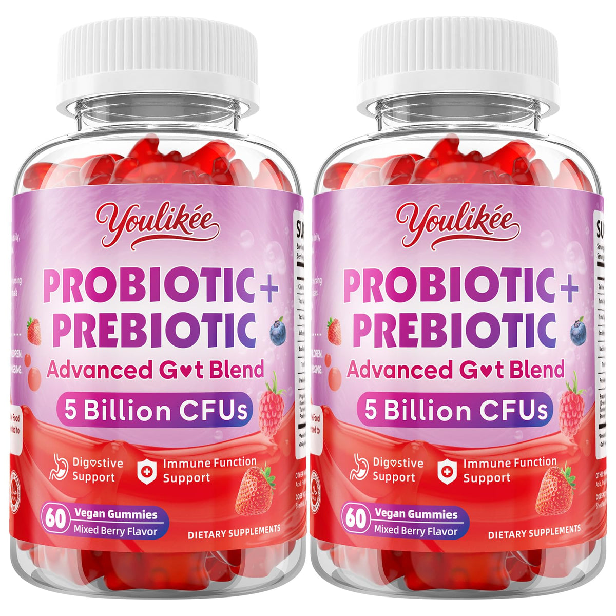 Youlikee 2 Pack Prebiotic + Probiotic Gummies for Women and Men, Probiotic Gummies Supports Gut Health, 5 Billion CFUs with Fibers, - FENGGESTORE20
