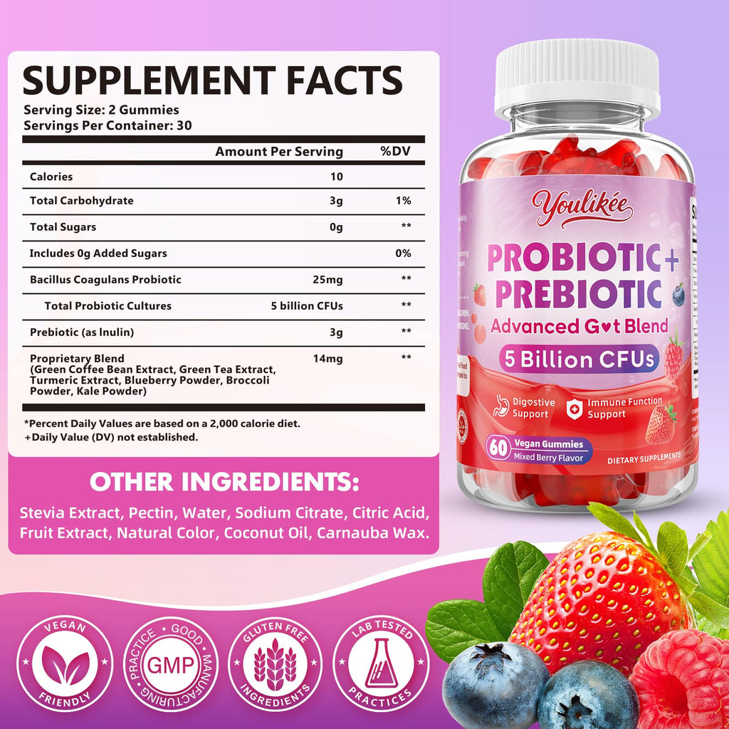 Youlikee 2 Pack Prebiotic + Probiotic Gummies for Women and Men, Probiotic Gummies Supports Gut Health, 5 Billion CFUs with Fibers, - FENGGESTORE20