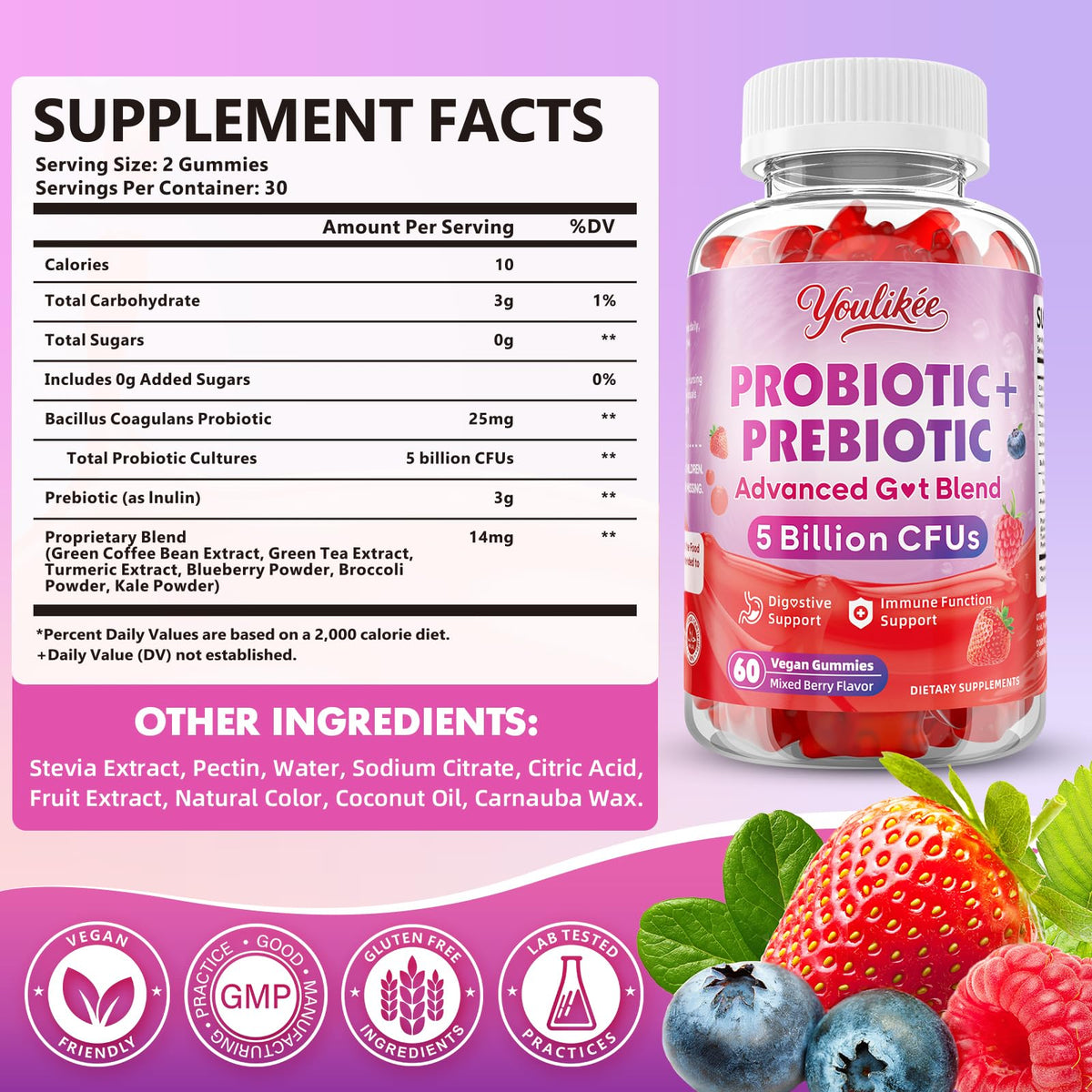 Youlikee 2 Pack Prebiotic + Probiotic Gummies for Women and Men, Probiotic Gummies Supports Gut Health, 5 Billion CFUs with Fibers, - FENGGESTORE20