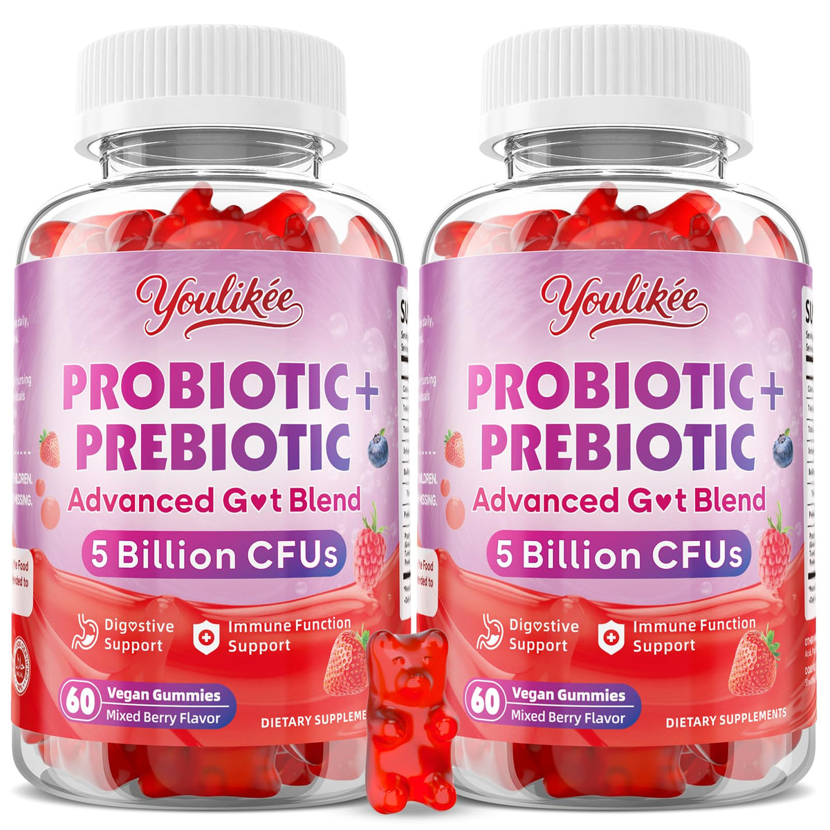 Youlikee 2 Pack Prebiotic + Probiotic Gummies for Women and Men, Probiotic Gummies Supports Gut Health, 5 Billion CFUs with Fibers, - FENGGESTORE20