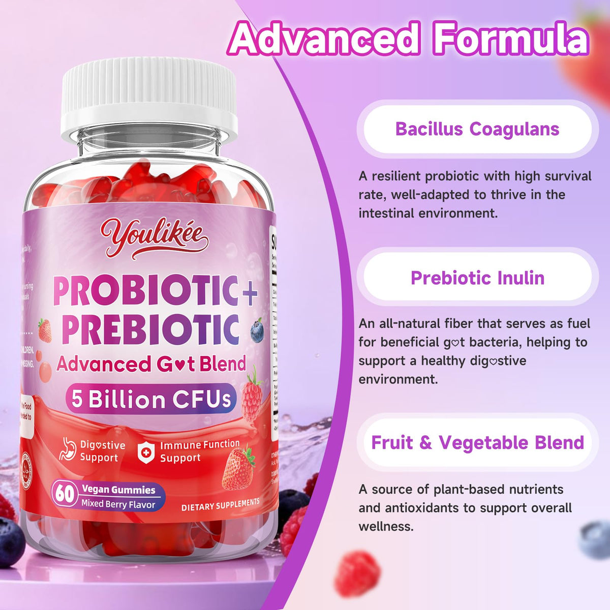 Youlikee 2 Pack Prebiotic + Probiotic Gummies for Women and Men, Probiotic Gummies Supports Gut Health, 5 Billion CFUs with Fibers, - FENGGESTORE20