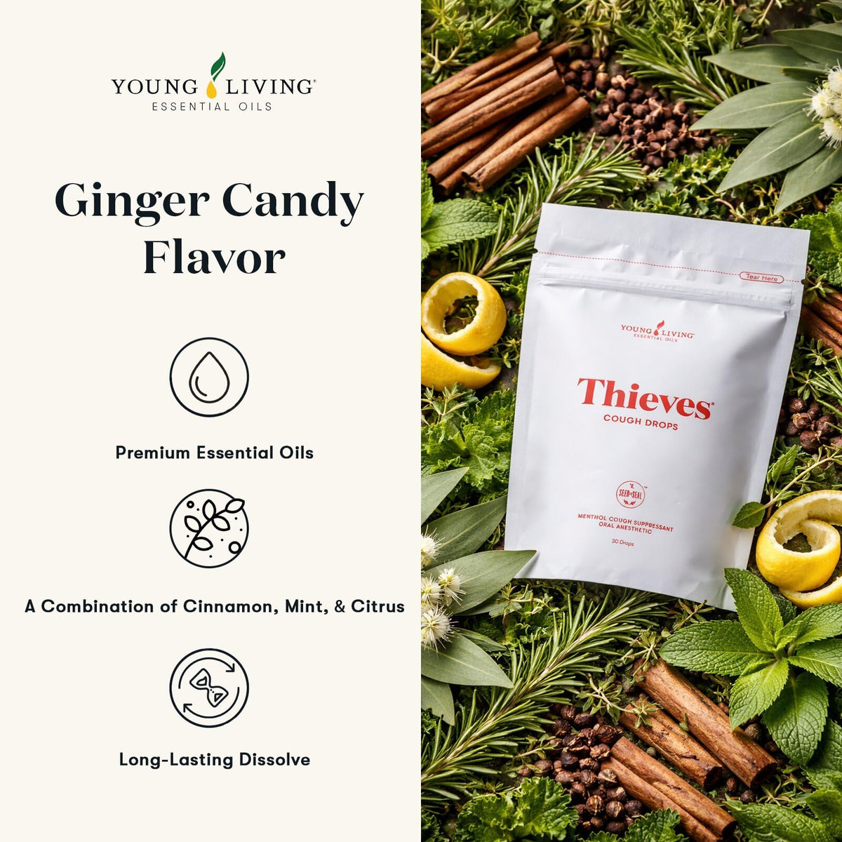 Young Living Thieves Cough Drops | 30 ct | Cinnamon & Menthol Flavor | with Thieves Essential Oil Blend of Lemon, Clove, Eucalyptus, Rosemary, & Peppermint | Sugar Free | Cooling Throat Comfort - FENGGESTORE20