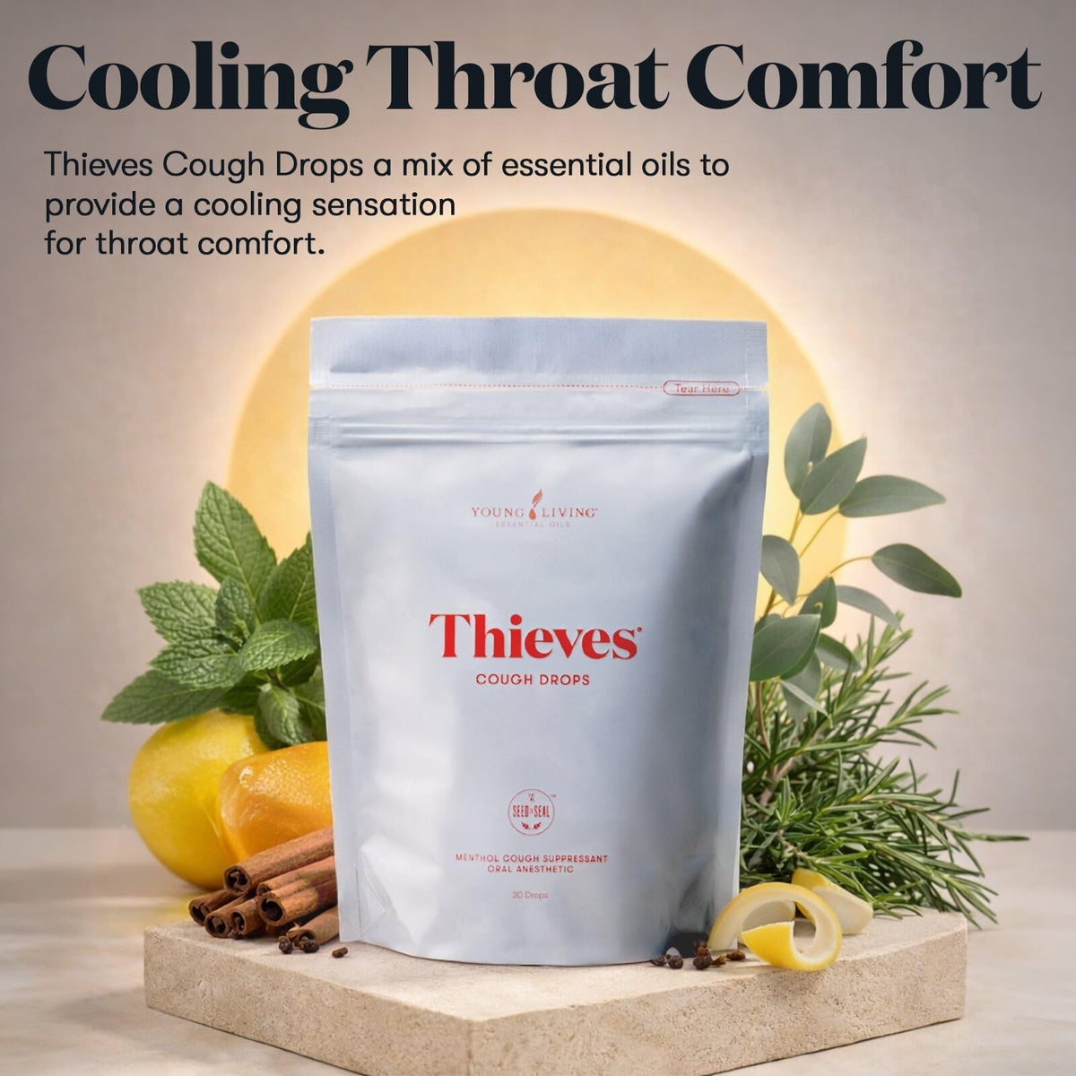 Young Living Thieves Cough Drops | 30 ct | Cinnamon & Menthol Flavor | with Thieves Essential Oil Blend of Lemon, Clove, Eucalyptus, Rosemary, & Peppermint | Sugar Free | Cooling Throat Comfort - FENGGESTORE20