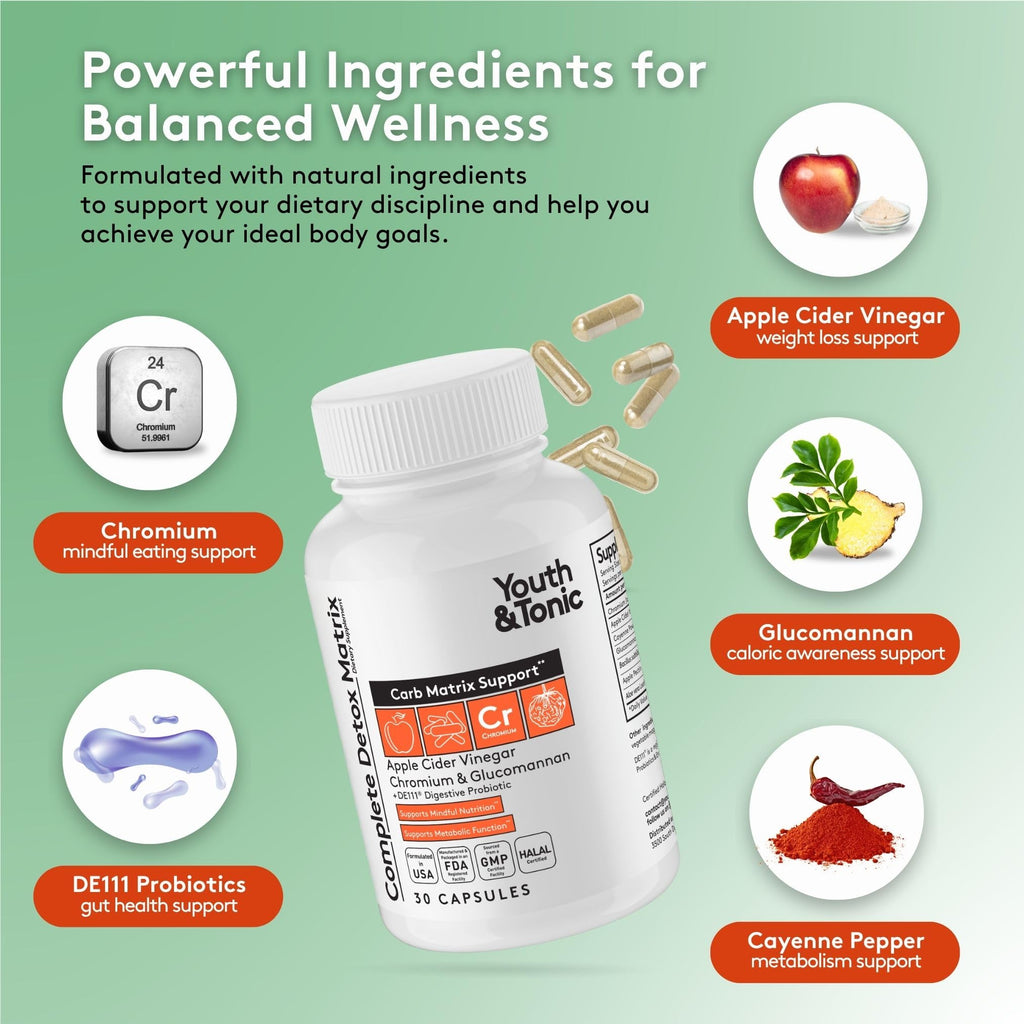 Youth & Tonic Balanced Detox Pills as Complete Gut Cleanse & Carb Matrix Support with ACV, Glucomannan, Chromium for Body Detoxing & Digestive Health, Supplement for Men & Women, Third-Party Tested - FENGGESTORE20
