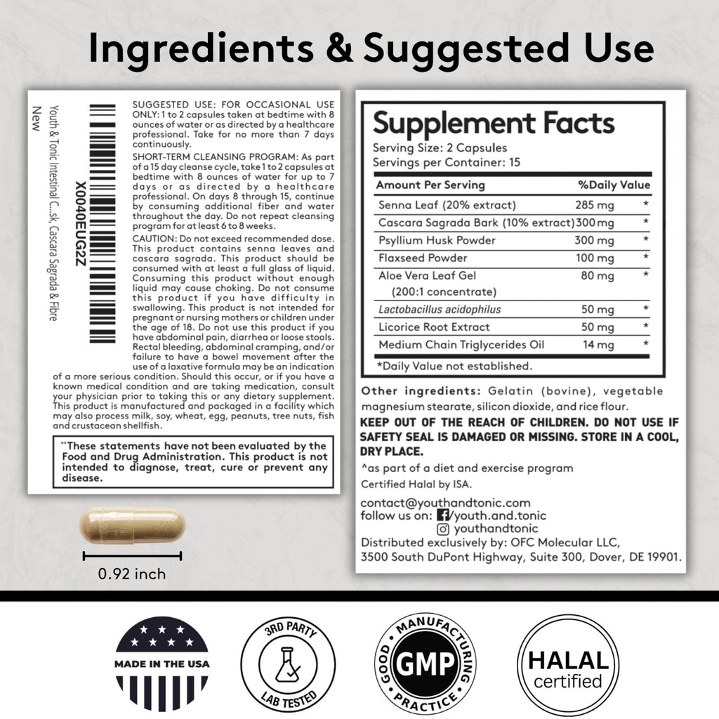 Youth & Tonic Overnight Intestinal Cleanse Supplement for Occasional Constipation Relief, Gut & Colon Cleanse Detox with Senna Leaf, Psyllium Husk Powder - FENGGESTORE20