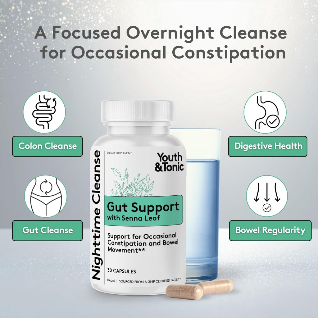 Youth & Tonic Overnight Intestinal Cleanse Supplement for Occasional Constipation Relief, Gut & Colon Cleanse Detox with Senna Leaf, Psyllium Husk Powder - FENGGESTORE20