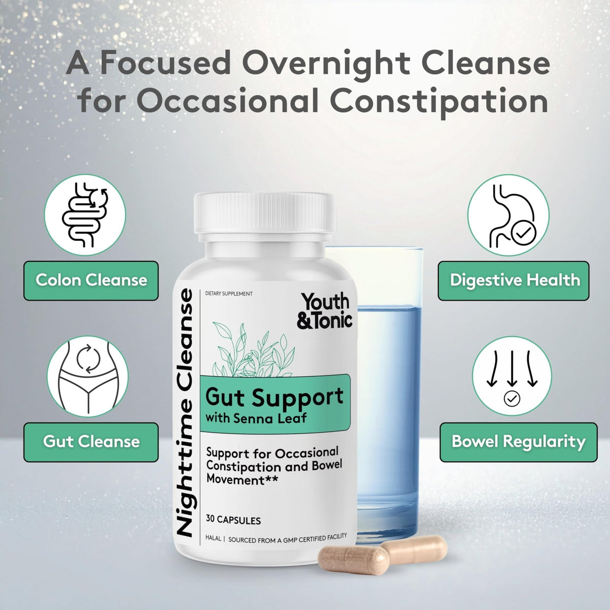 Youth & Tonic Overnight Intestinal Cleanse Supplement for Occasional Constipation Relief, Gut & Colon Cleanse Detox with Senna Leaf, Psyllium Husk Powder - FENGGESTORE20