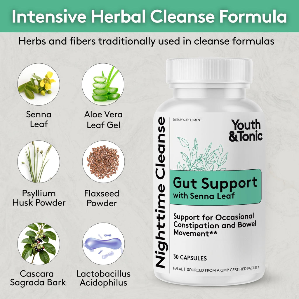 Youth & Tonic Overnight Intestinal Cleanse Supplement for Occasional Constipation Relief, Gut & Colon Cleanse Detox with Senna Leaf, Psyllium Husk Powder - FENGGESTORE20