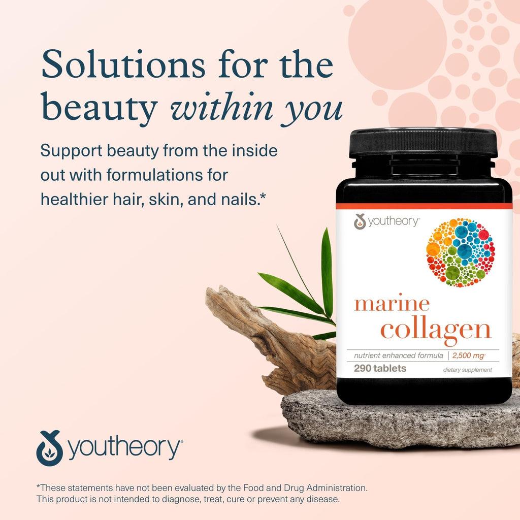 Youtheory Marine Collagen Tablets - 2,500 mg Fish-Sourced Collagen Peptides- with Vitamins A, C, E, B6 & B12 - Supports Joint & Nail Health* - Highly Absorbable - 290 Tablets (58-Day Supply) - FENGGESTORE20