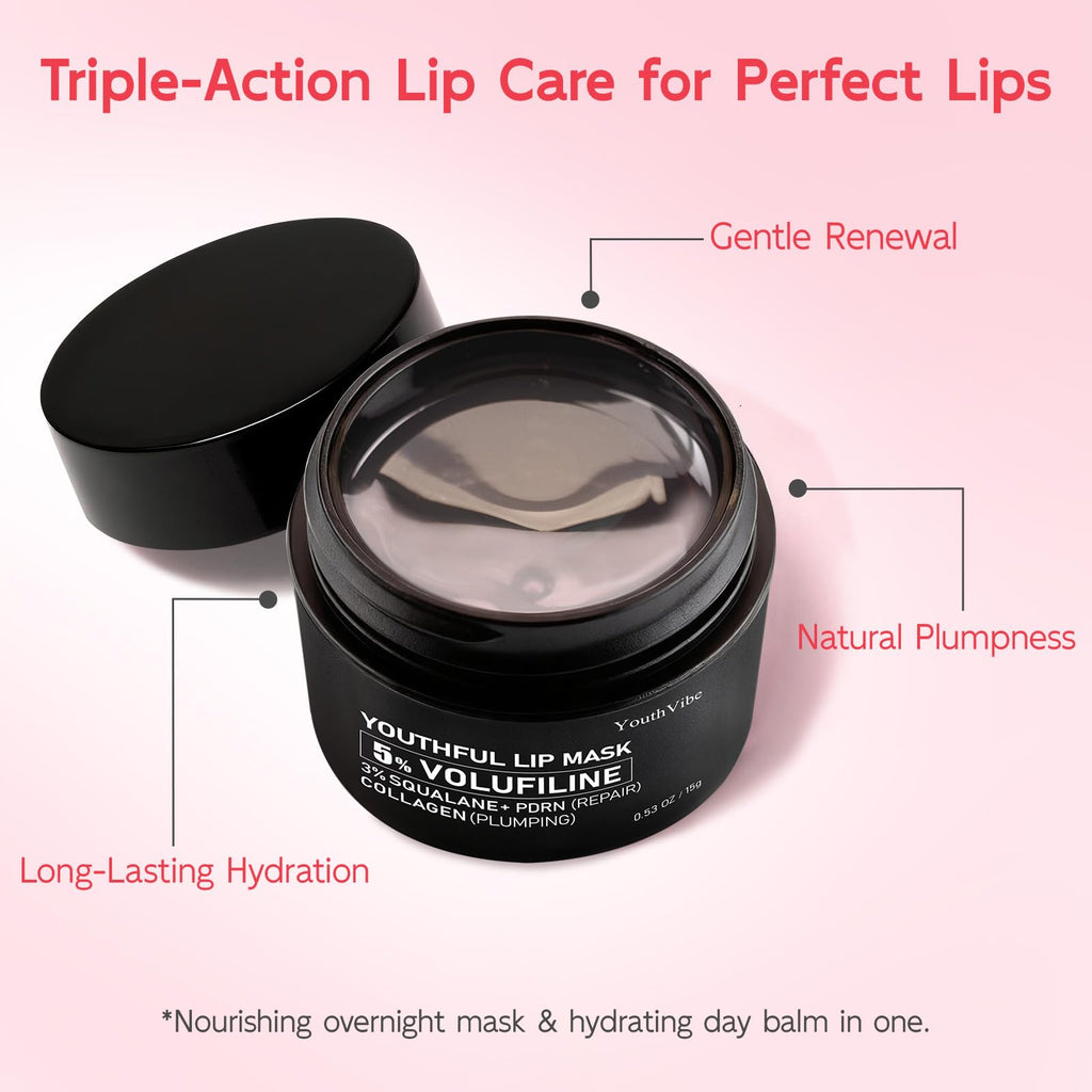 YouthVibe Lip Mask Overnight Moisturizing - Nourish & Hydrate, Antioxidants, 5% Volufiline, Vitamin E, Shea Butter, PDRN & Collagen Sleeping Lip Treatment for Dry, Chapped Lips - FENGGESTORE20