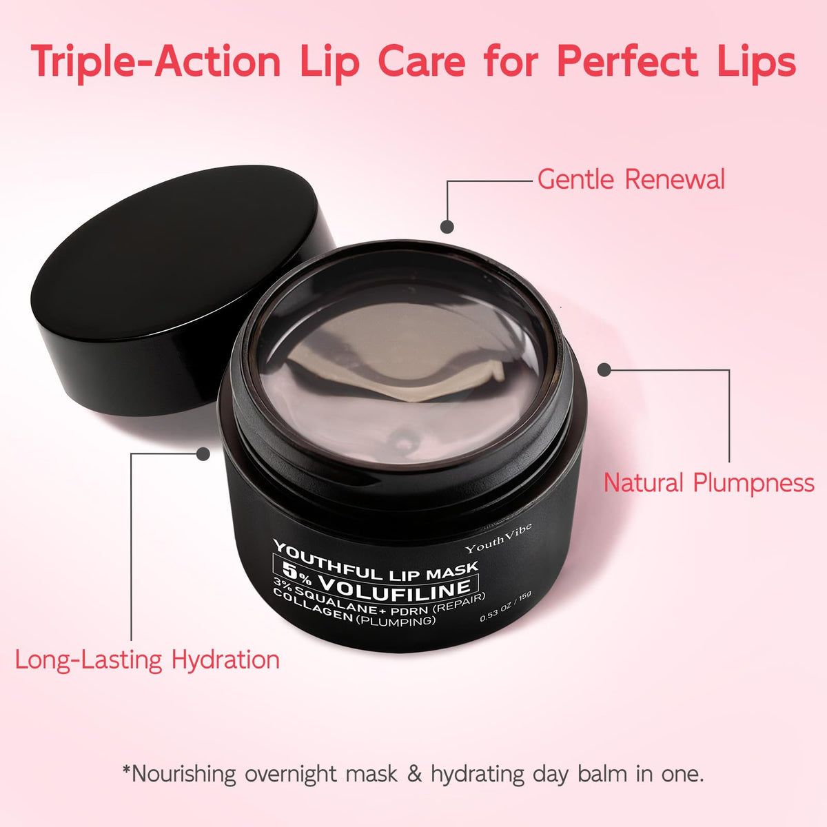 YouthVibe Lip Mask Overnight Moisturizing - Nourish & Hydrate, Antioxidants, 5% Volufiline, Vitamin E, Shea Butter, PDRN & Collagen Sleeping Lip Treatment for Dry, Chapped Lips - FENGGESTORE20