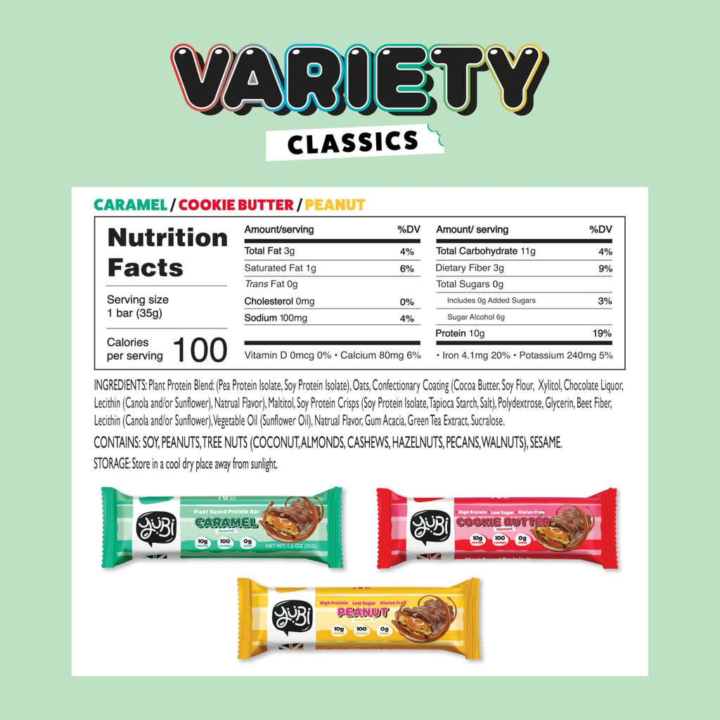 YuBi Bars - Protein Bars - 12 Bar Variety Pack - 100 Calories, 10g of Protein, Low Sugar, Low Carb, Palm Oil Free/Non-GMO, Gluten Free, Dairy Free, Healthy Snack, Non-GMO - 14.8oz (12 Pack, Variety Box) - FENGGESTORE20