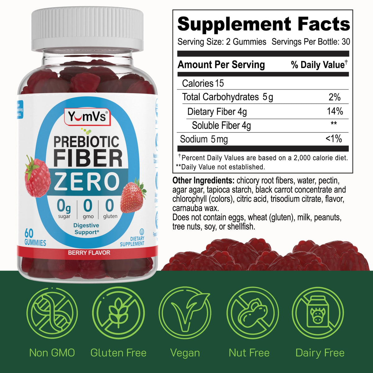 YumVs Sugar Free Prebiotic Fiber Gummies for Adults and Kids - Berry Flavor - Kosher Halal 4g High Fiber Supplement for Women and Men - FENGGESTORE20