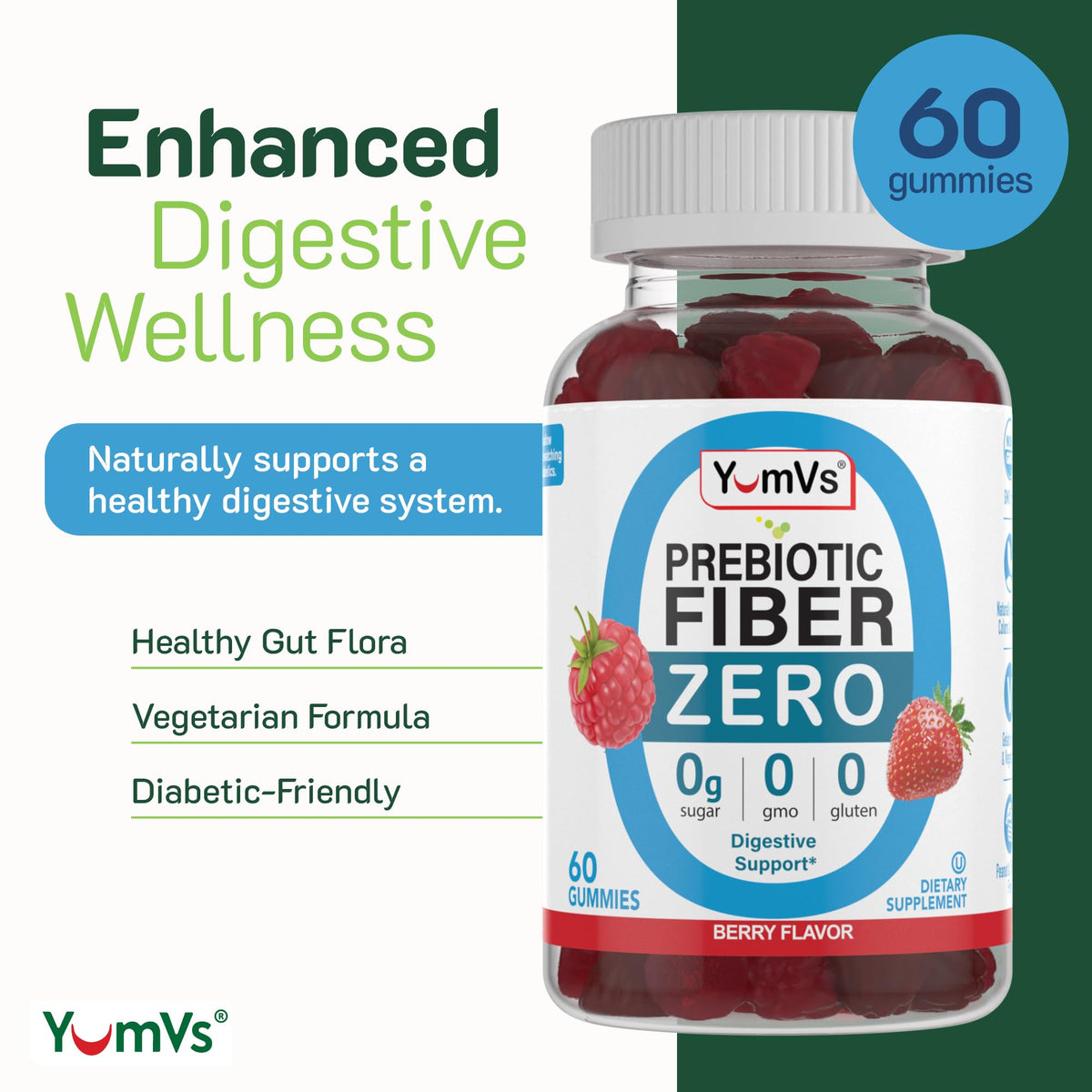 YumVs Sugar Free Prebiotic Fiber Gummies for Adults and Kids - Berry Flavor - Kosher Halal 4g High Fiber Supplement for Women and Men - FENGGESTORE20