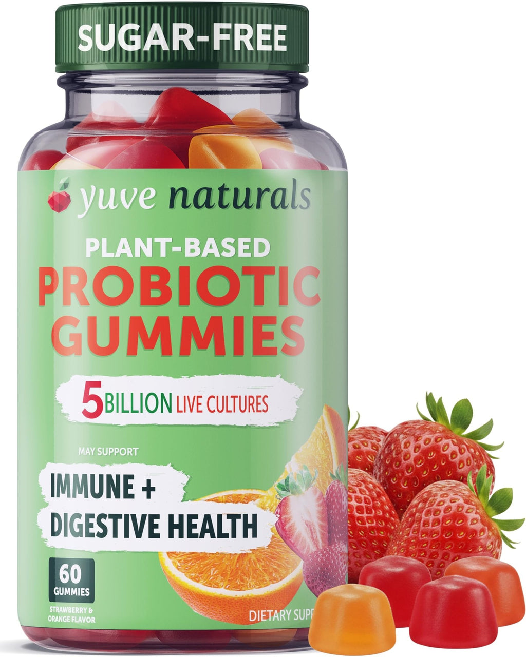 Yuve Natural Sugar Free Probiotic Gummies 5 Billion CFU, Helps with Constipation, Bloating & Leaky Gut - Vegan, Gluten-Free & Non-GMO - 60ct - FENGGESTORE20