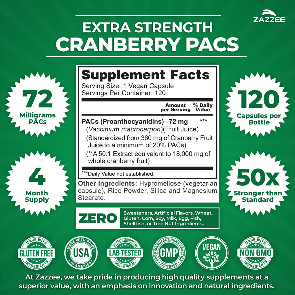 Zazzee Cranberry PACs 72 mg per Capsule, 50:1 Extract, 120 Vegan Capsules, 2X Strength, 4 Month Supply, Fast-Acting, Effective Urinary Tract & Bladder Support - FENGGESTORE20