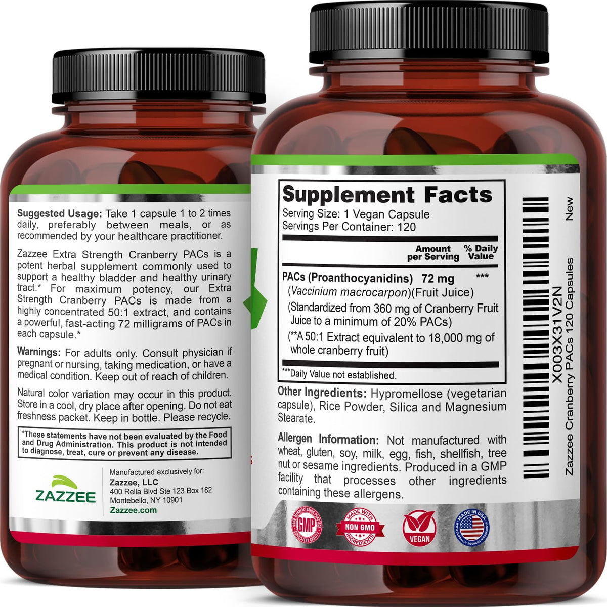 Zazzee Cranberry PACs 72 mg per Capsule, 50:1 Extract, 120 Vegan Capsules, 2X Strength, 4 Month Supply, Fast-Acting, Effective Urinary Tract & Bladder Support - FENGGESTORE20
