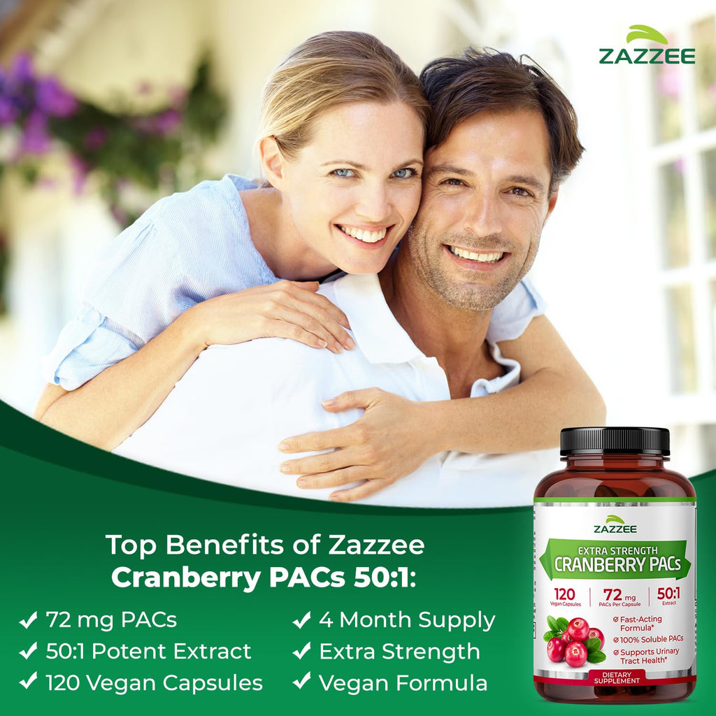 Zazzee Cranberry PACs 72 mg per Capsule, 50:1 Extract, 120 Vegan Capsules, 2X Strength, 4 Month Supply, Fast-Acting, Effective Urinary Tract & Bladder Support - FENGGESTORE20
