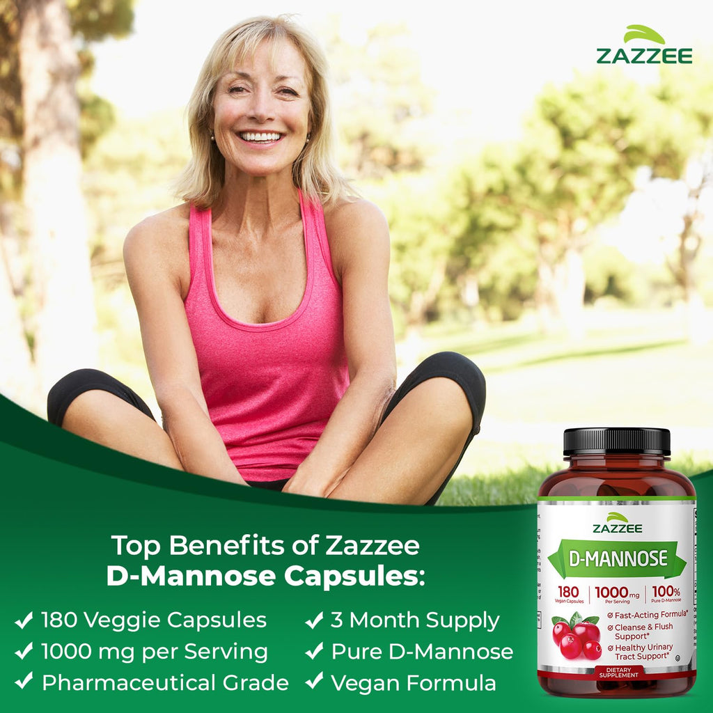 Zazzee D-Mannose, 1000 mg per Serving, 180 Vegan Capsules, 3 Month Supply, Potent & Fast-Acting, Certified Kosher, 100% Pure, All-Natural Urinary Tract Health Support, 100% Vegetarian, Non-GMO - FENGGESTORE20