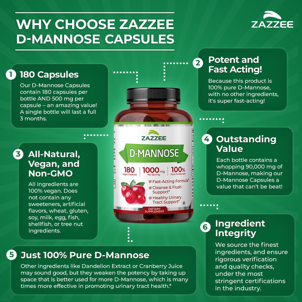 Zazzee D-Mannose, 1000 mg per Serving, 180 Vegan Capsules, 3 Month Supply, Potent & Fast-Acting, Certified Kosher, 100% Pure, All-Natural Urinary Tract Health Support, 100% Vegetarian, Non-GMO - FENGGESTORE20