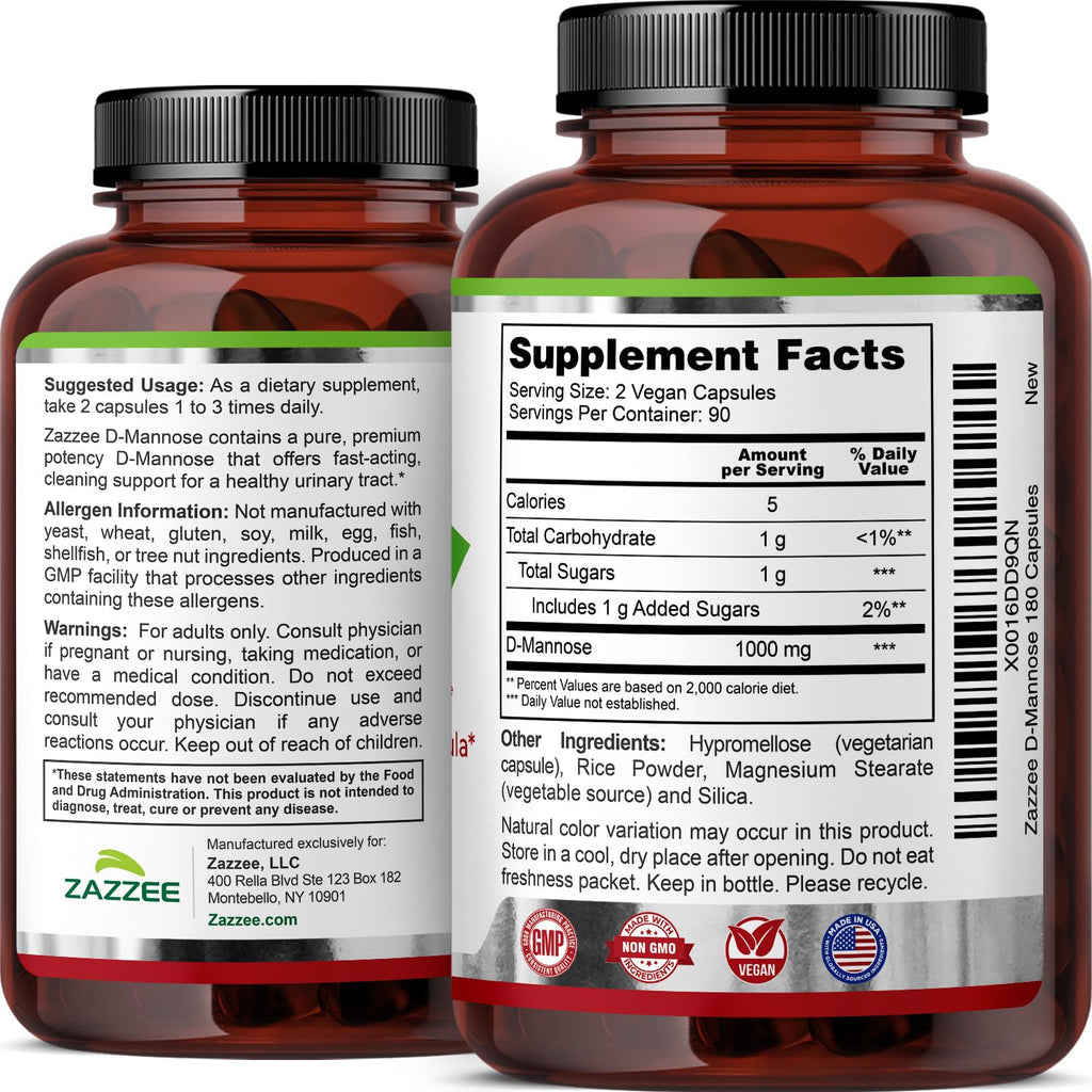 Zazzee D-Mannose, 1000 mg per Serving, 180 Vegan Capsules, 3 Month Supply, Potent & Fast-Acting, Certified Kosher, 100% Pure, All-Natural Urinary Tract Health Support, 100% Vegetarian, Non-GMO - FENGGESTORE20